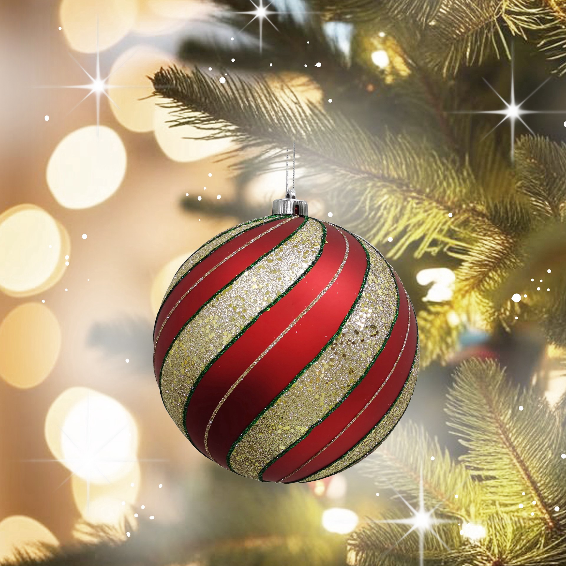 slide 3 of 3, 8.25" Red With Green & Gold Glitter Peppermint Stripes Jumbo Ball Ornament By Ashland, 8.25 in