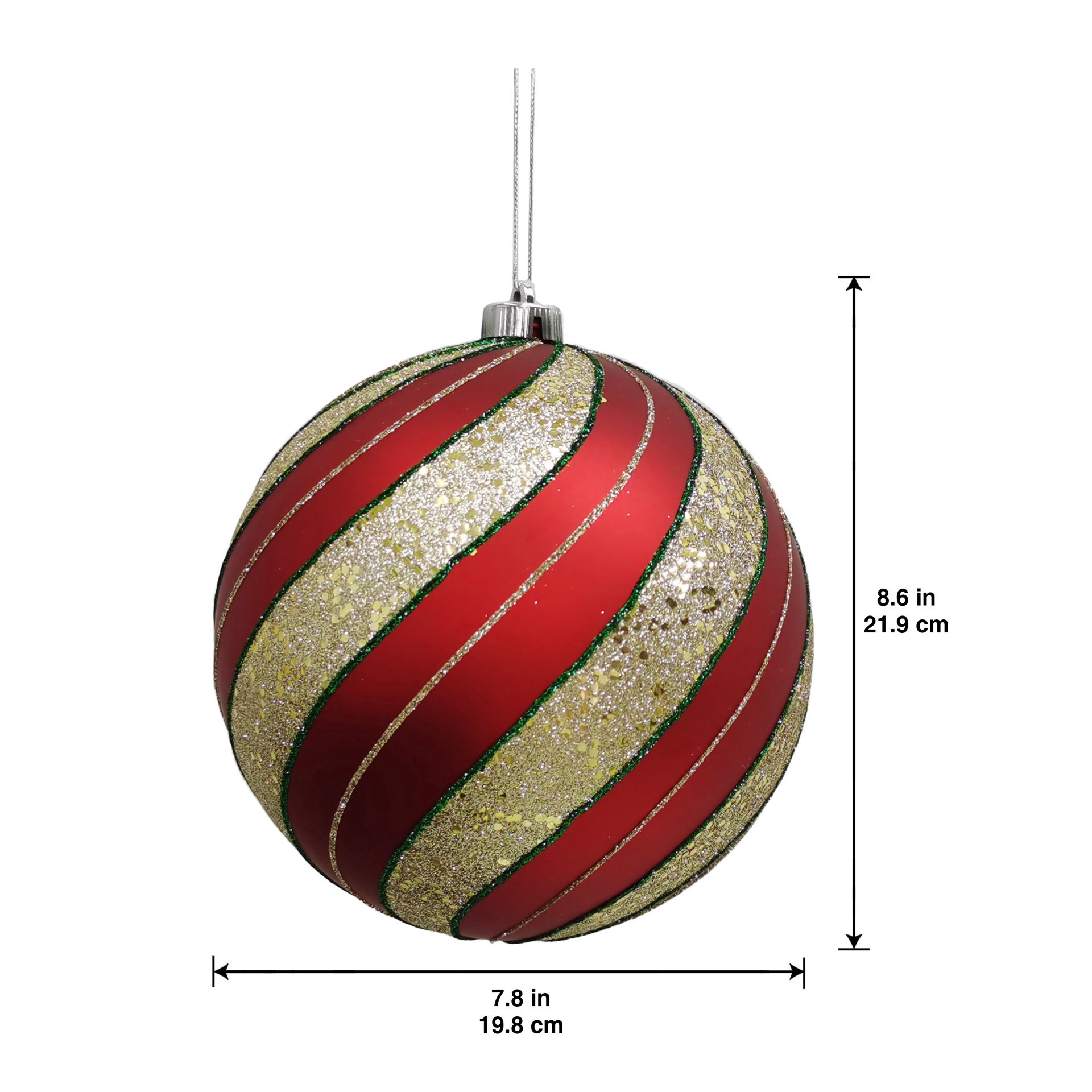 slide 2 of 3, 8.25" Red With Green & Gold Glitter Peppermint Stripes Jumbo Ball Ornament By Ashland, 8.25 in