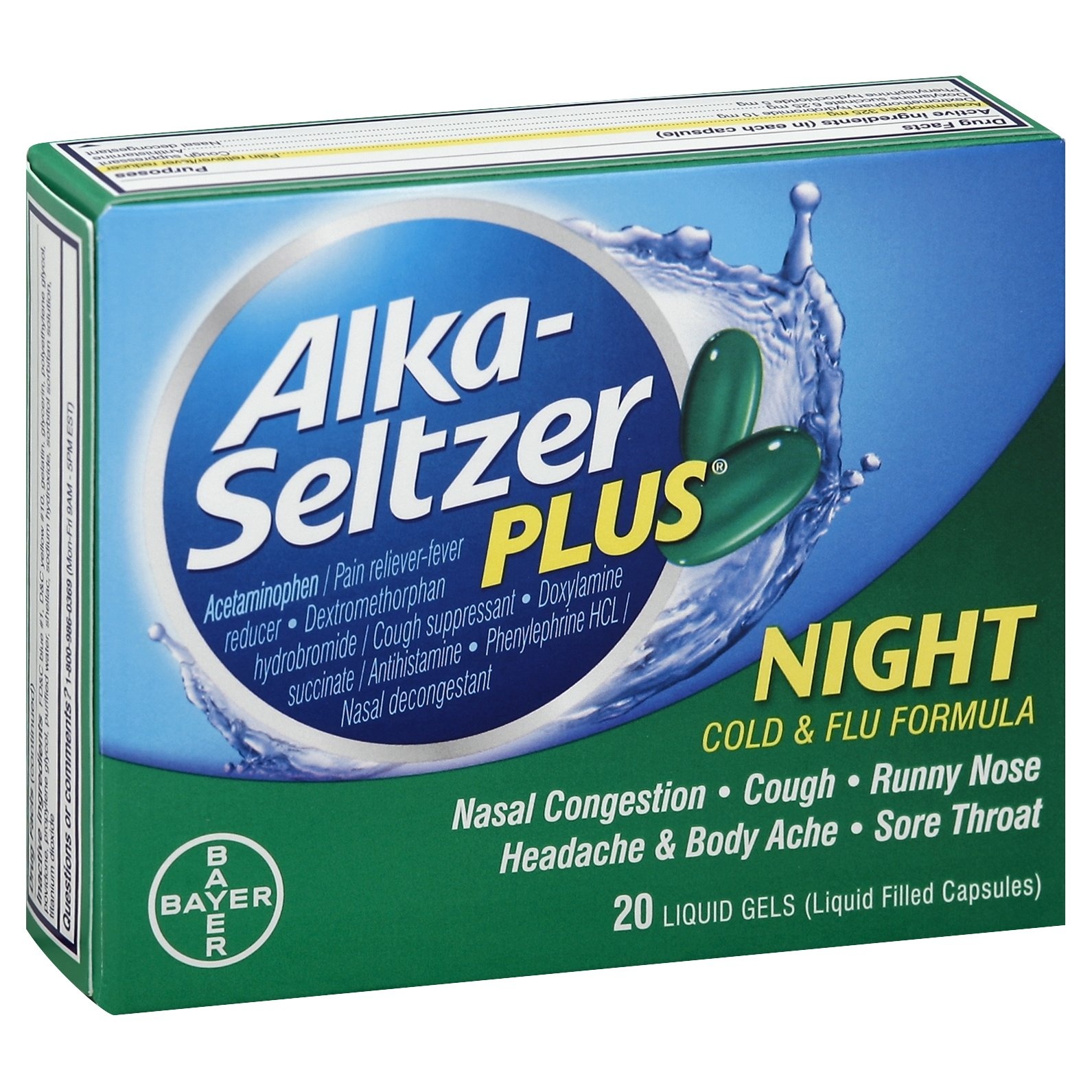 slide 1 of 1, Alka-Seltzer Plus Cold & Flu Maximum Strength Night Liquid Gels, 20 ct