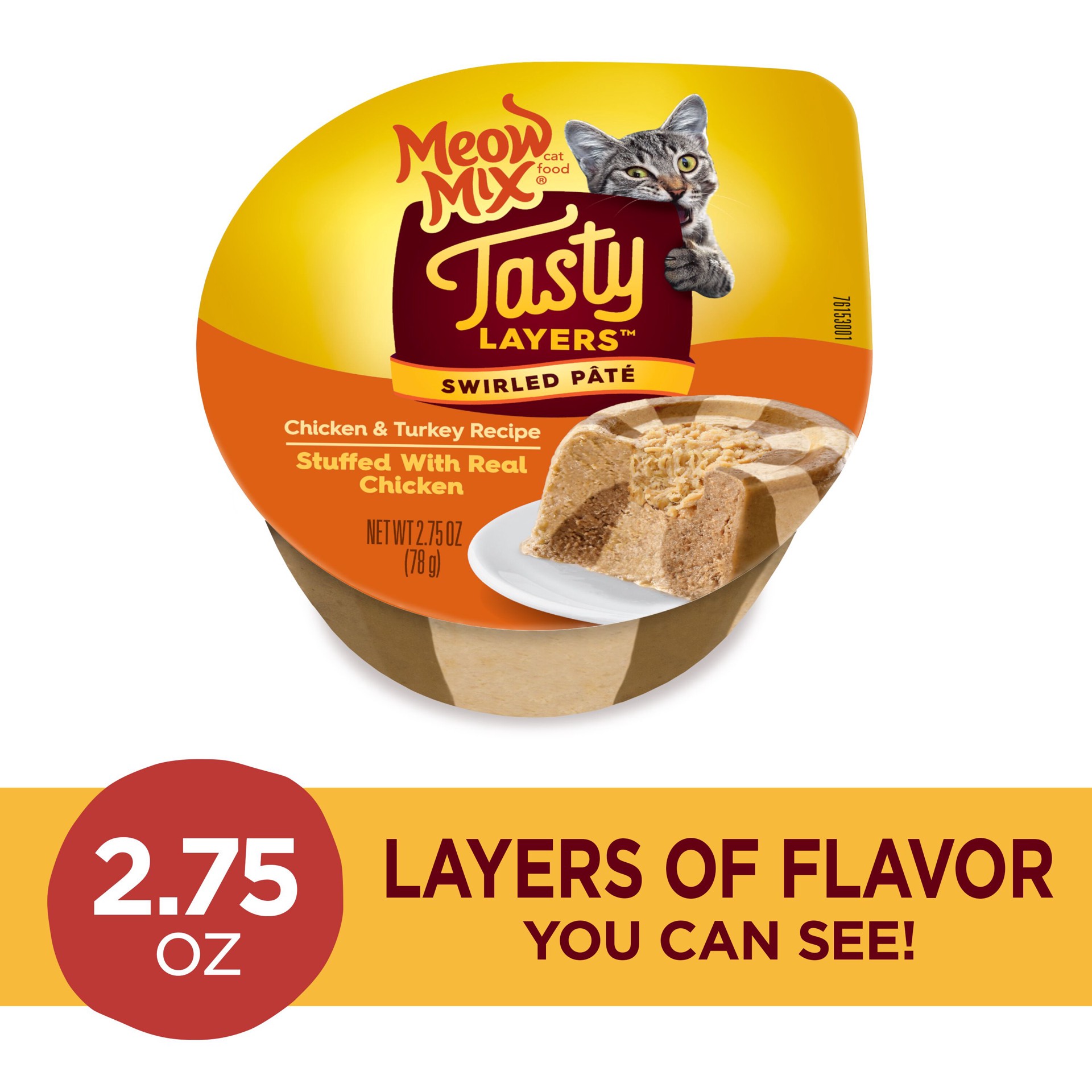 slide 5 of 7, Meow Mix Tasty Layers Swirled Pate Chicken & Turkey Recipe Cat Food 2.75 oz, 2.75 oz