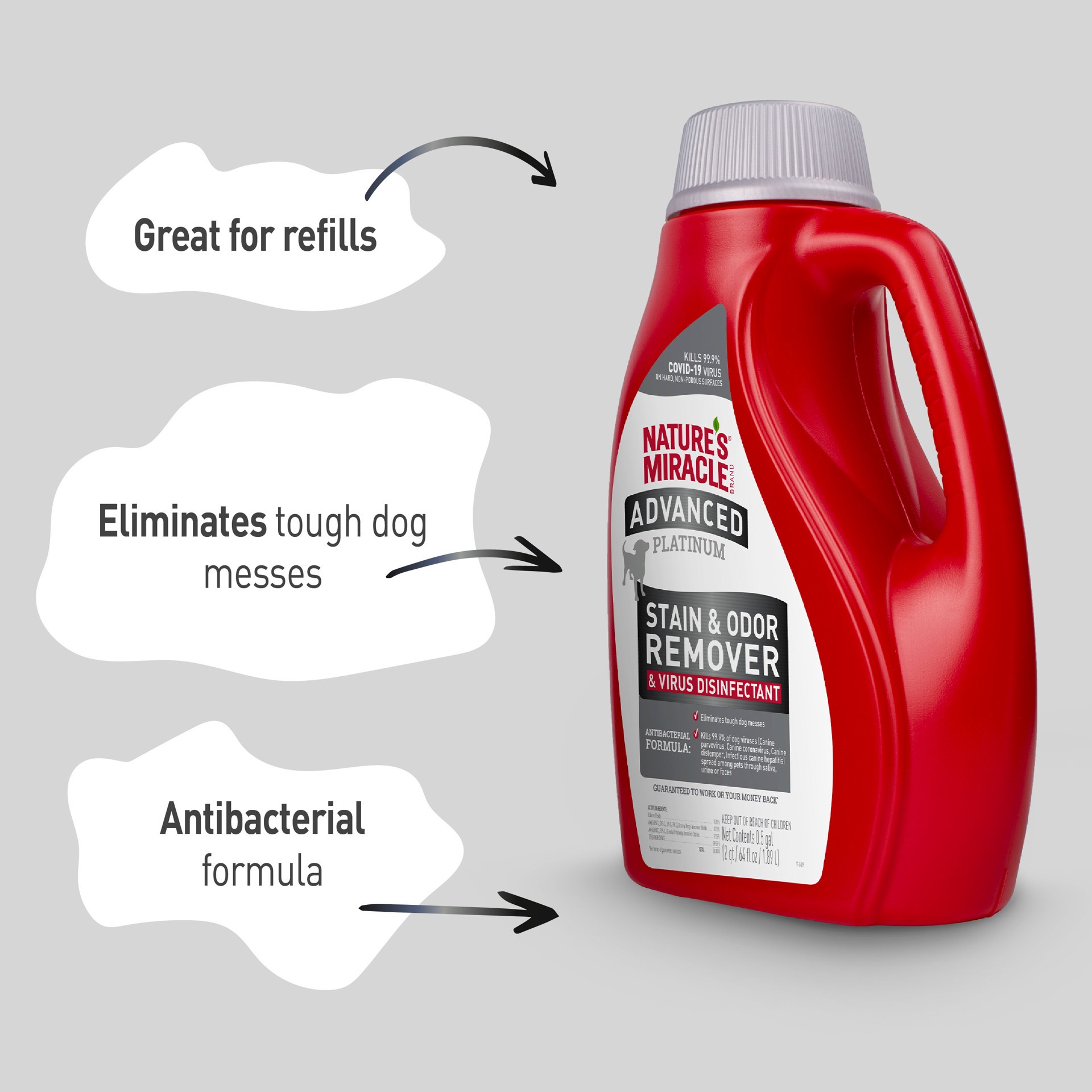 slide 5 of 8, Nature's Miracle Nature''s Miracle Advanced Platinum Stain And Odor Remover And Virus Disinfectant 64 Ounces, Eliminates Tough Dog Messes, 4.50 lb