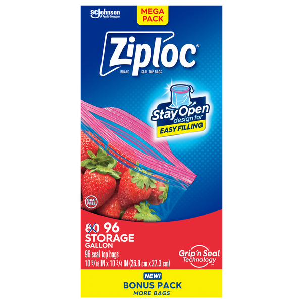slide 1 of 1, Ziploc Brand Storage Bags with Stay Open Design, Gallon, 96 Count, Patented Stand-up Bottom, Easy to Fill Food Storage Bags, Unloc a Free Set of Hands in the Kitchen, Microwave Safe, BPA Free, 96 ct