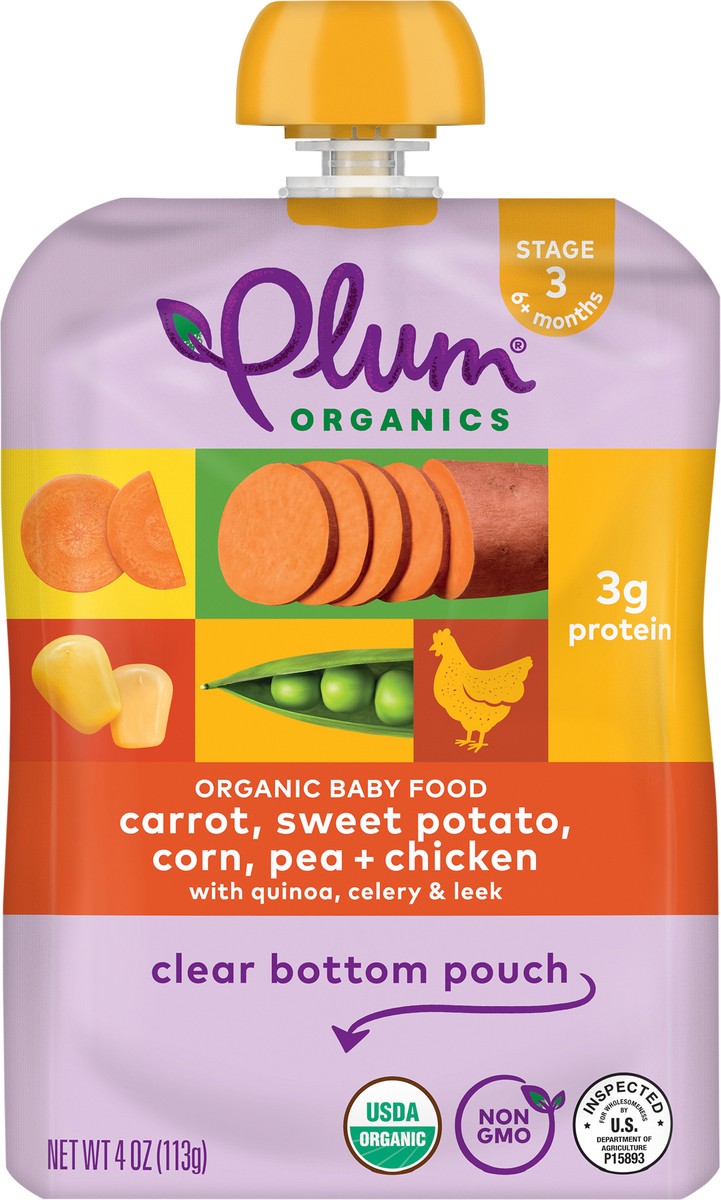 slide 2 of 9, Plum Organics Stage 3 Organic Carrot, Sweet Potato, Corn, Pea + Chicken with Quinoa, Celery & Leek 4oz Pouch, 4 oz