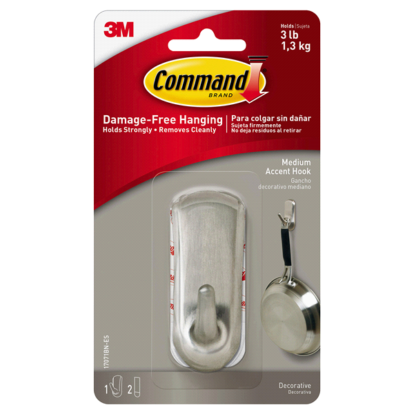 slide 1 of 1, Command Medium Accent Hook, Brushed Nickel, 2 Strips/Pack, 1 ct