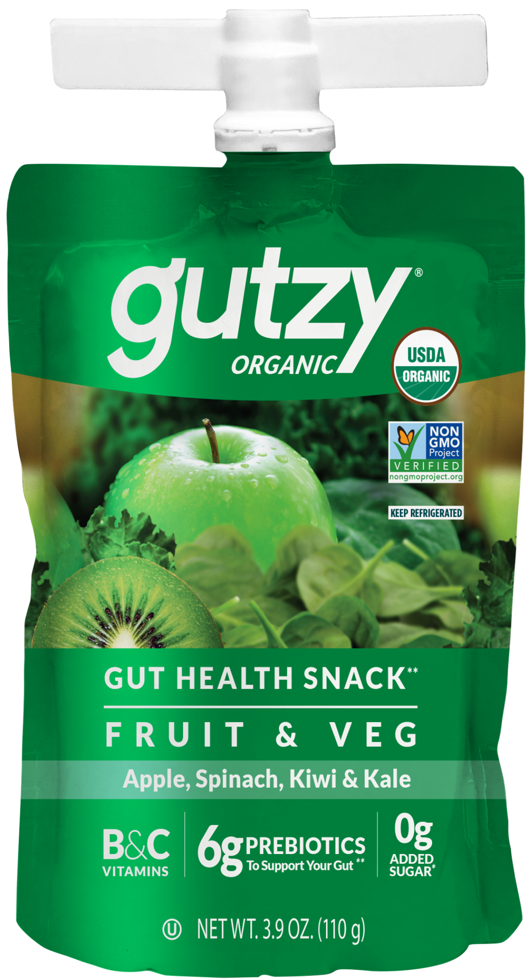 slide 1 of 9, Gutzy Organic Apple Spinach Kiwi Kale Prebiotic Gut Health Snack 3.9 oz, 3.9 oz