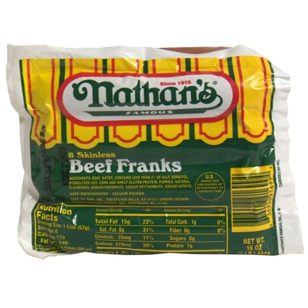 slide 1 of 1, Nathan's Famous Franks, Beef, Skinless, 16 oz