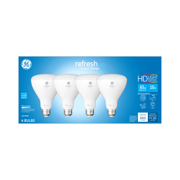 slide 1 of 1, GE Refresh HD Daylight 65W Replacement LED Indoor Floodlight BR30 Light Bulbs, 4 ct