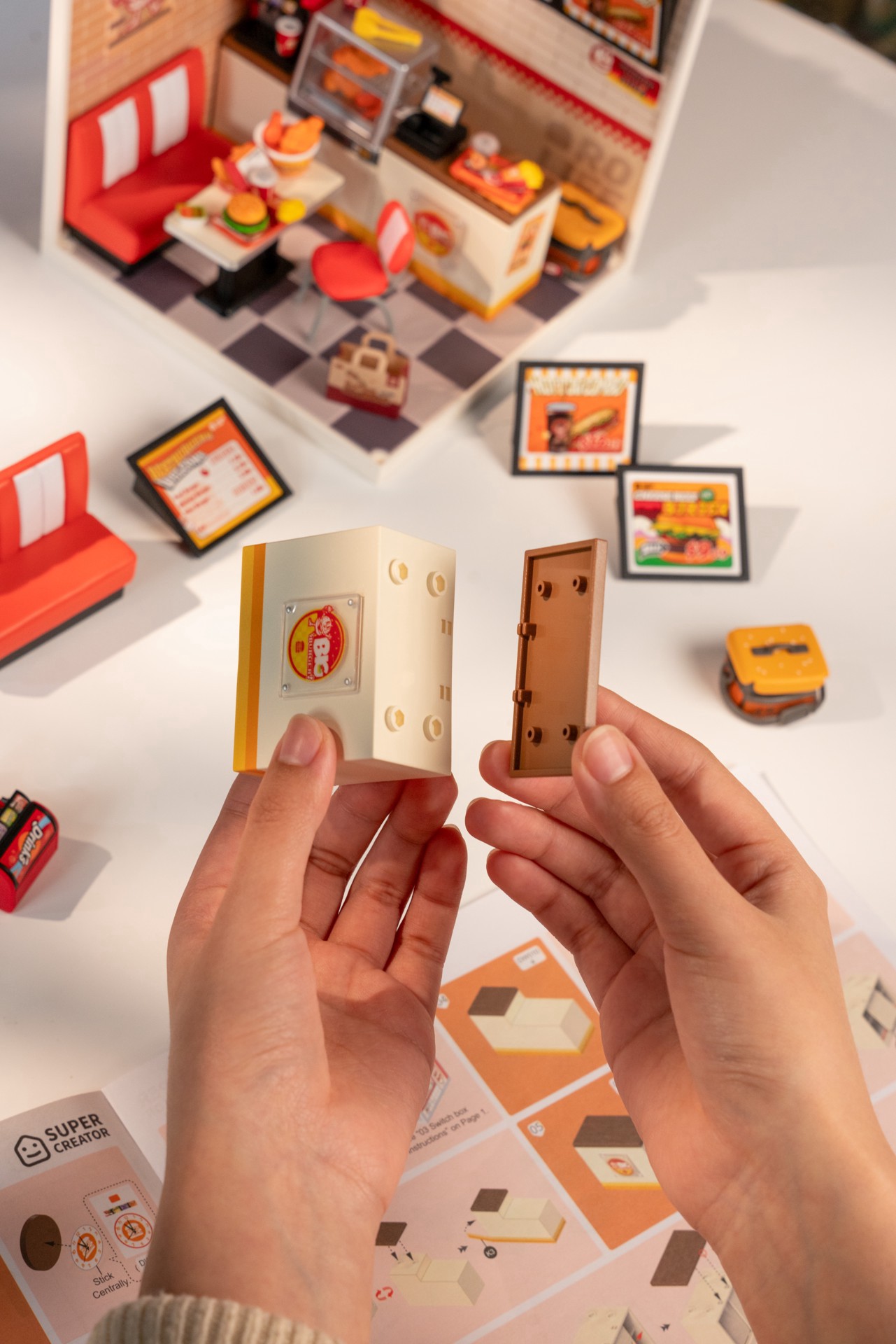 slide 6 of 7, Robotime Rolife Super Creator Yum Yum Burgers Diy Miniature Kit, 5.98 in x 6.93 in x 6.42 in