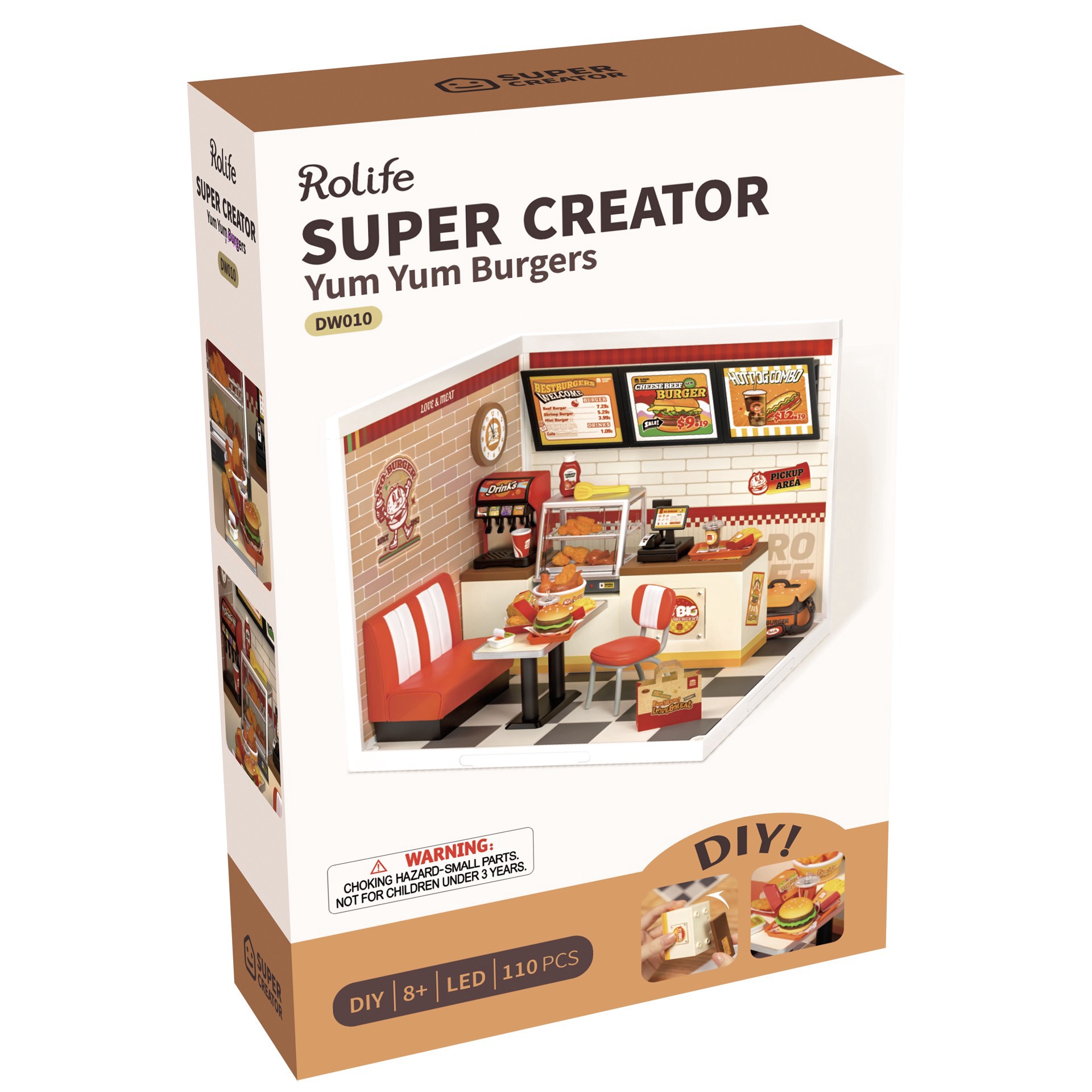 slide 7 of 7, Robotime Rolife Super Creator Yum Yum Burgers Diy Miniature Kit, 5.98 in x 6.93 in x 6.42 in