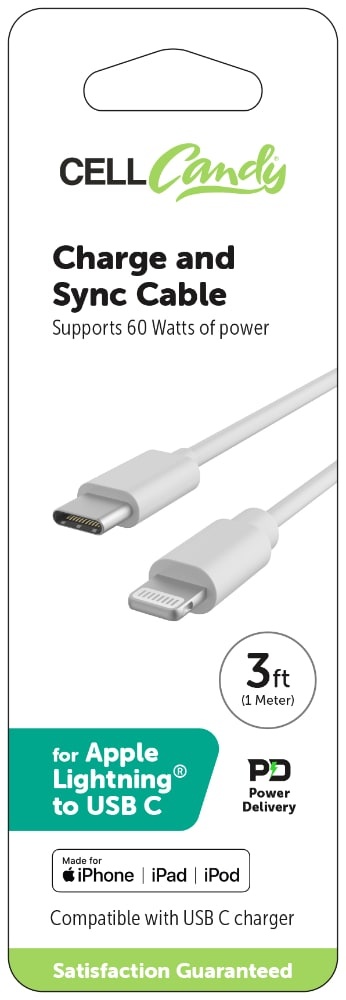 slide 1 of 1, Cellcandy Charge And Sync Charger - White, 3 ft