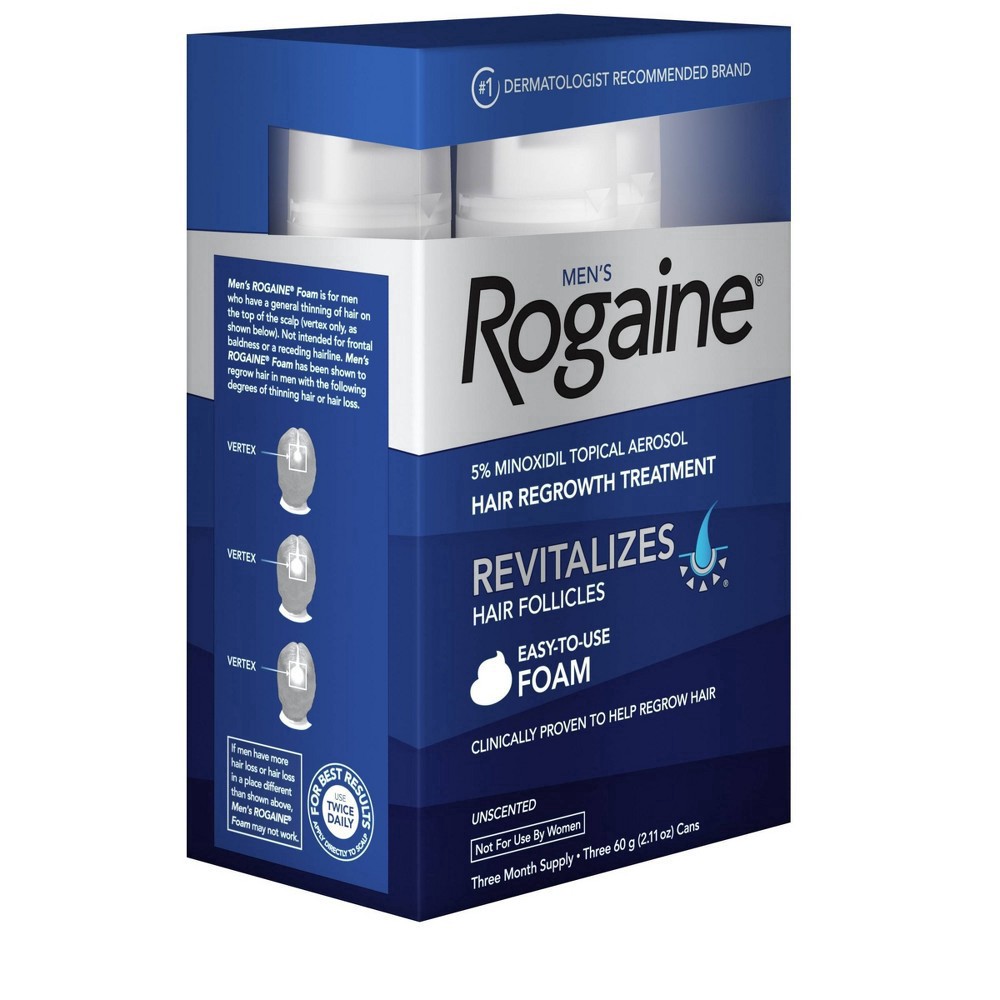 slide 8 of 31, Rogaine Men's Rogaine 5% Minoxidil Foam for Hair Loss and Hair Regrowth, Topical Treatment for Thinning Hair, 3-Month Supply, 180 g