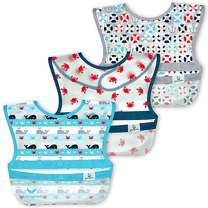 slide 1 of 4, Green Sprouts Whale Snap & Go Wipe-Off Bibs - Aqua/Grey, 3 ct