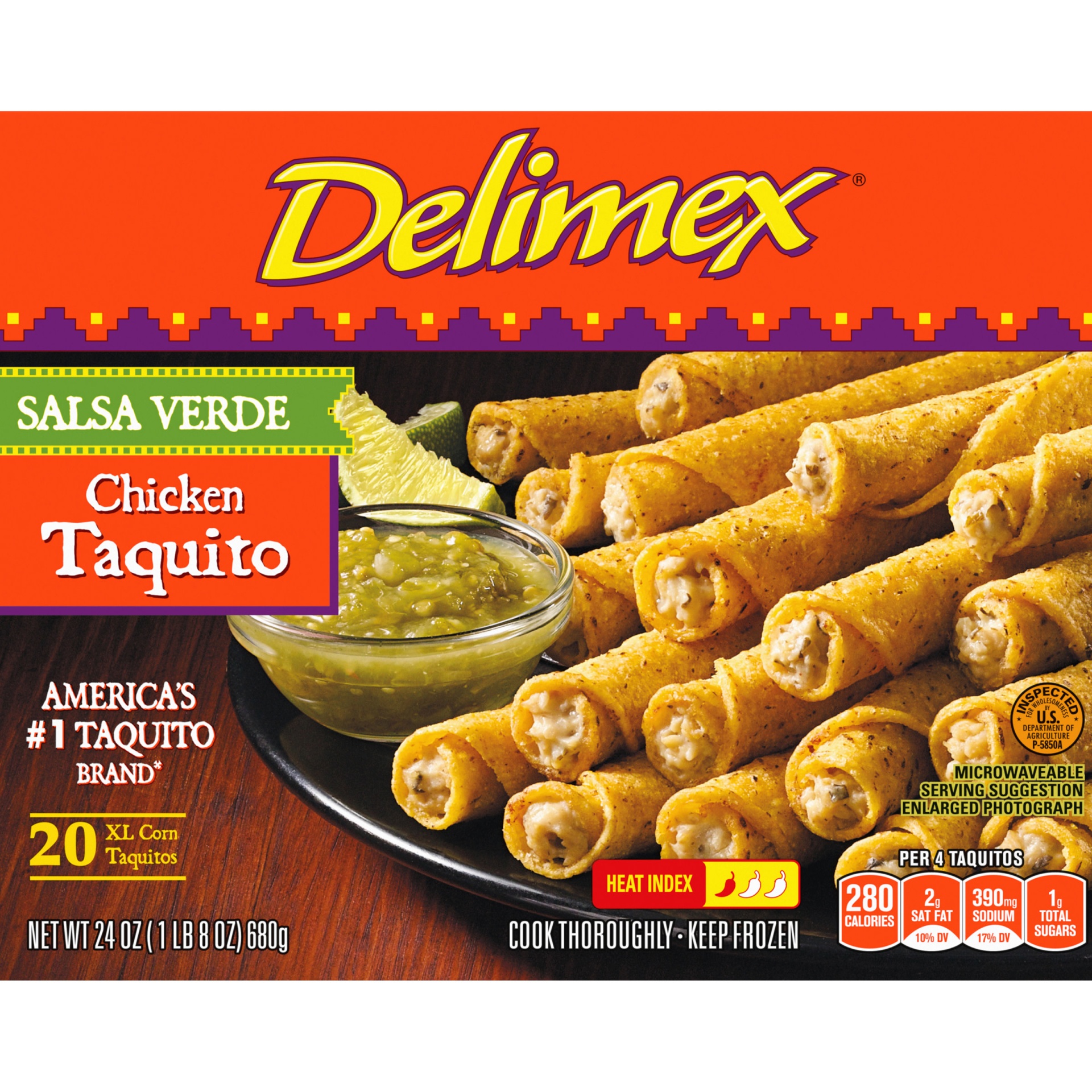 slide 2 of 2, Delimex Salsa Verde Chicken Corn XL Taquitos Frozen Snacks, 24 oz