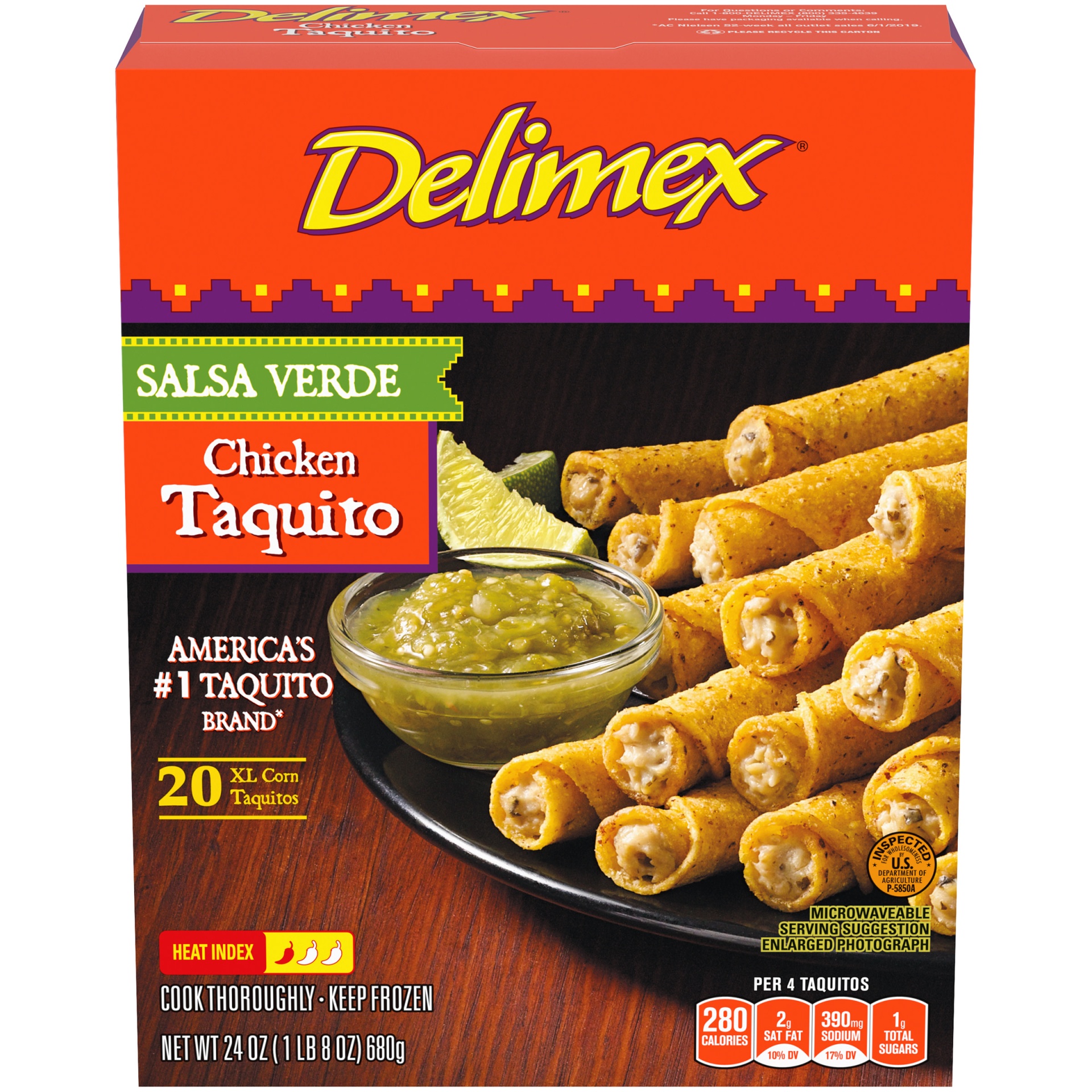 slide 1 of 2, Delimex Salsa Verde Chicken Corn XL Taquitos Frozen Snacks, 24 oz