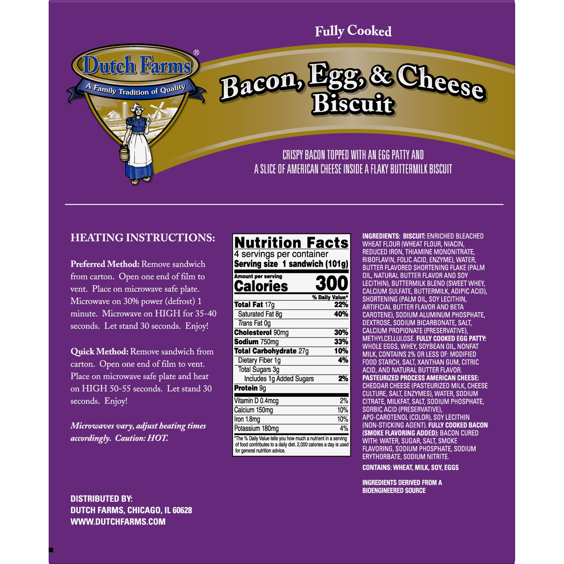 slide 4 of 4, DUTCH FARMS Fully Cooked Bacon, Egg & Cheese Biscuit, 15 oz