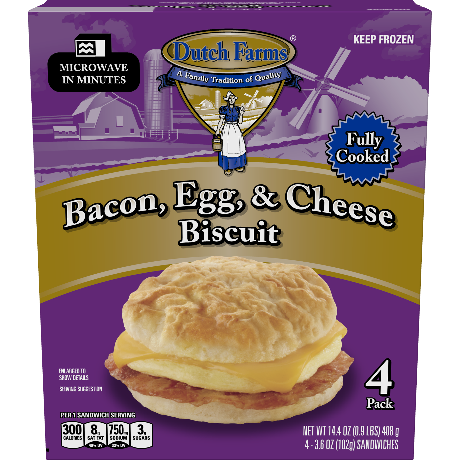 slide 1 of 4, DUTCH FARMS Fully Cooked Bacon, Egg & Cheese Biscuit, 15 oz