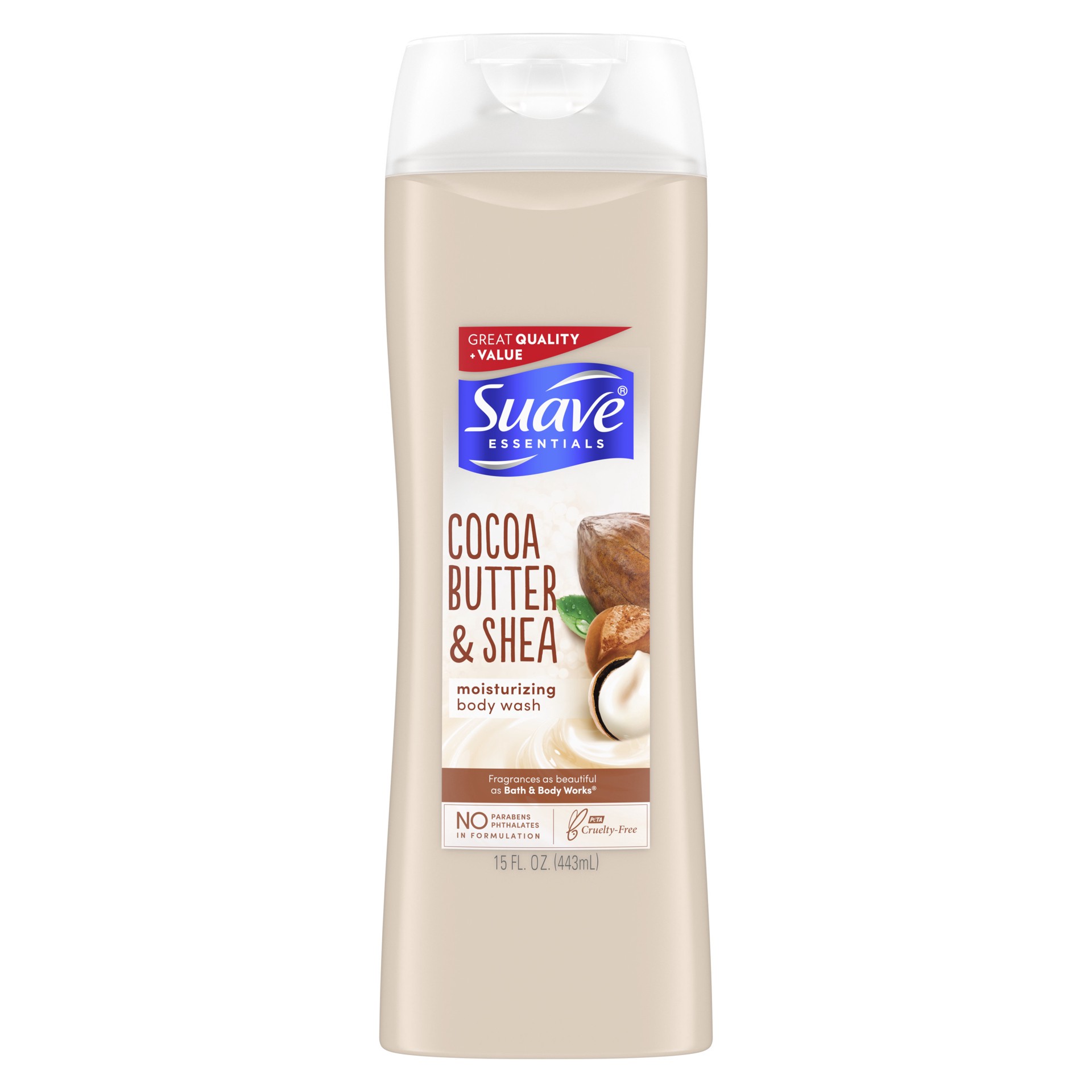 slide 1 of 4, Suave Essentials Body Wash Moisturizing Cocoa Butter & Shea - 15 Fl. Oz., 12 fl oz