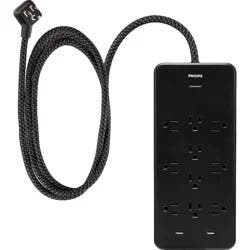 Philips 10-Outlet Surge Protector with 6' Braided Cord, 2880 Joules, 2 USB-A Ports (2.4A) and Adapter-Spaced Outlets - Black