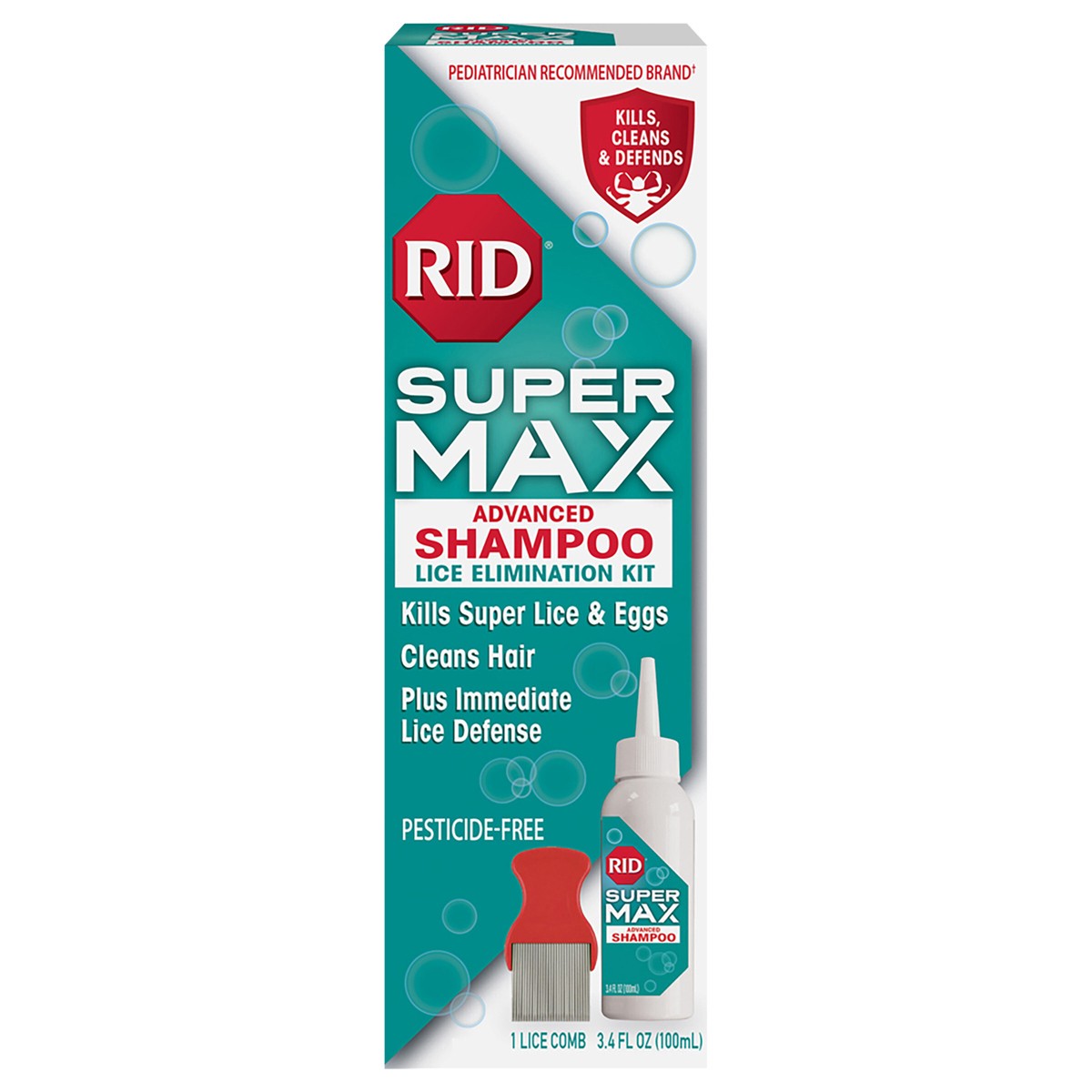 slide 1 of 1, RID Super Max Advanced Shampoo Lice Removal Treatment, 3.4 Fl. Oz., Includes Nit Removal Comb, 1 ct