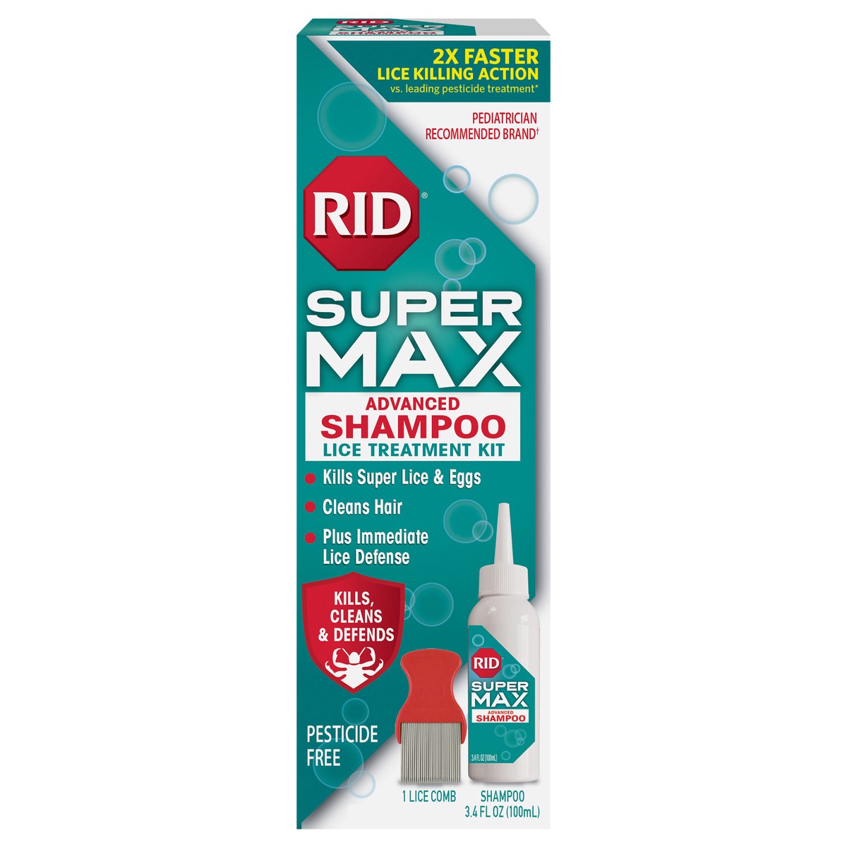 slide 1 of 1, RID Super Max Advanced Shampoo Lice Removal Treatment, 3.4 Fl. Oz., Includes Nit Removal Comb, 1 ct