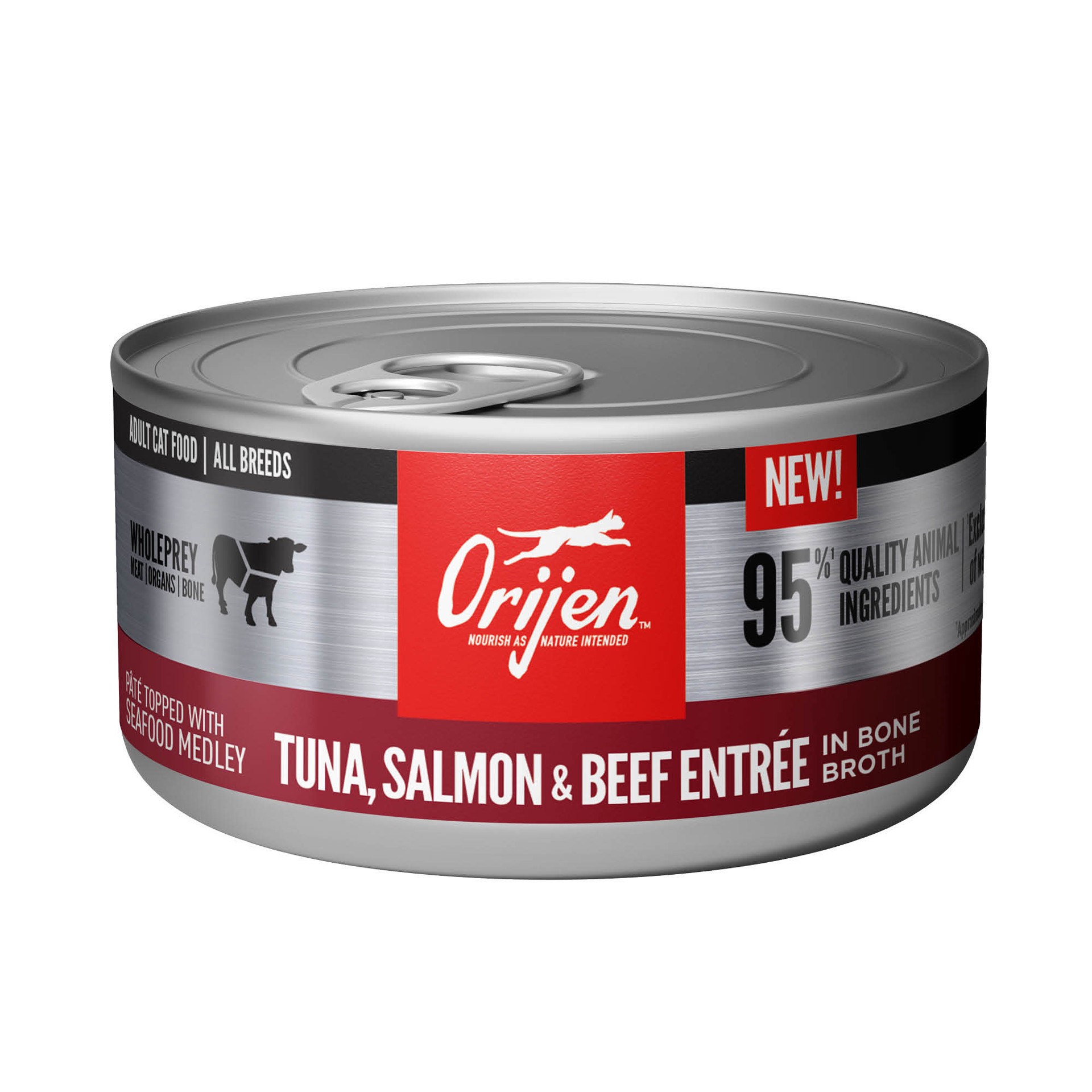 slide 1 of 4, ORIJEN Tuna, Salmon + Beef Entrée in Bone Broth, 3oz , case of 24 cans, 3 oz