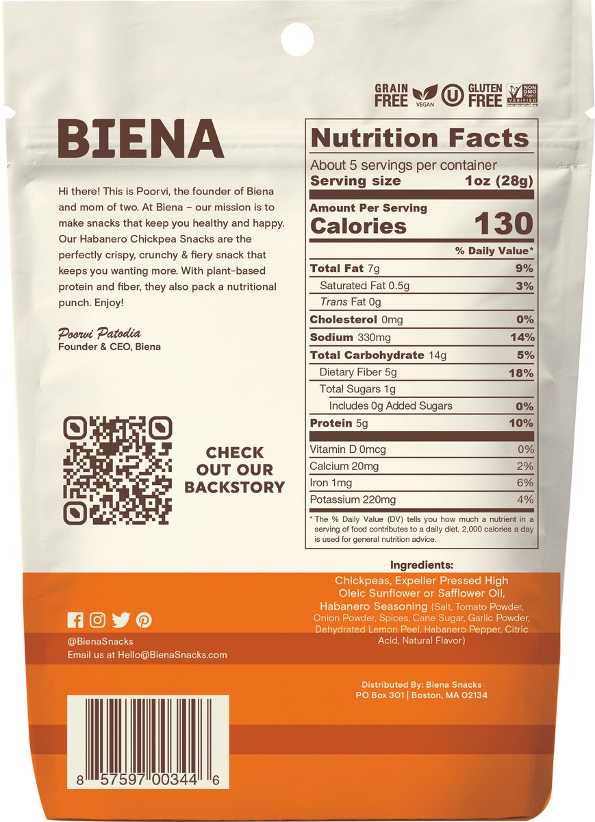 slide 2 of 3, Biena Habanero Chickpea Snacks 5 oz, 5 oz