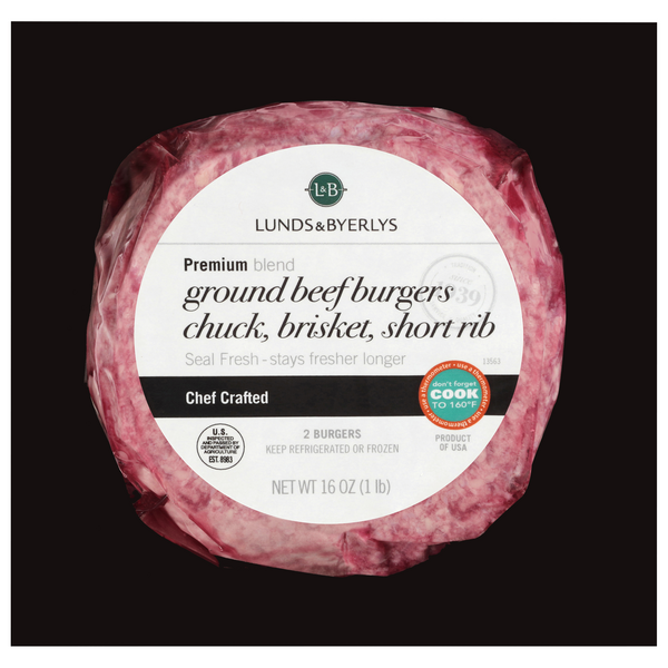 slide 1 of 9, Lunds & Byerlys Premium Blend Ground Beef Chuck Brisket Short Rib Burgers 2 ea, 2 ct
