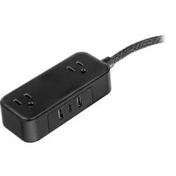 General Electric 2-Outlet Extension Cord with 2 USB-A, 1 USB-C, 12W, 6' Braided Black