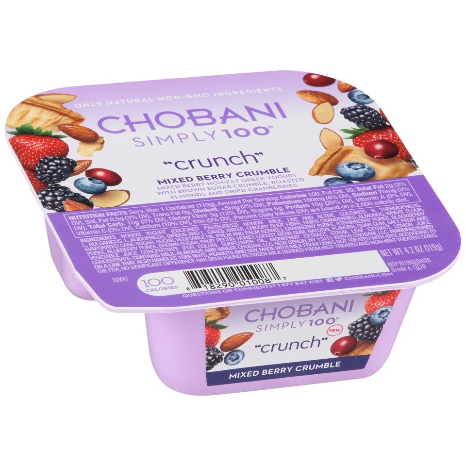 slide 1 of 1, Chobani Simply 100 "Crunch" Mixed Berry Crumble Non-Fat Greek Yogurt, 4.2 oz