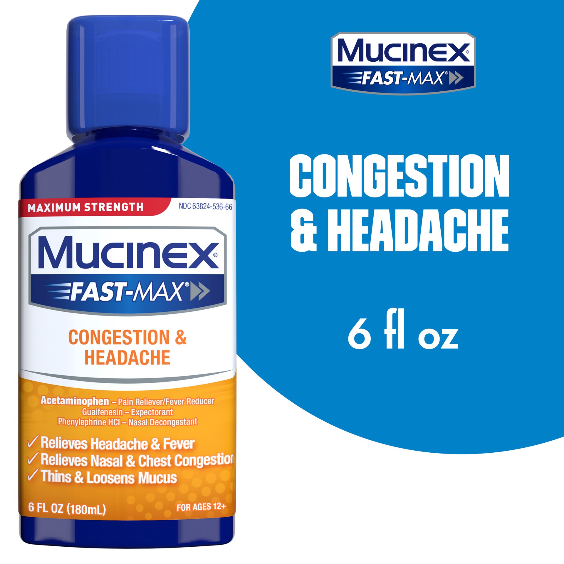 slide 1 of 5, Mucinex Fast-Max Adult Congestion & Headache Liquid, 6 Ounce, 6 oz