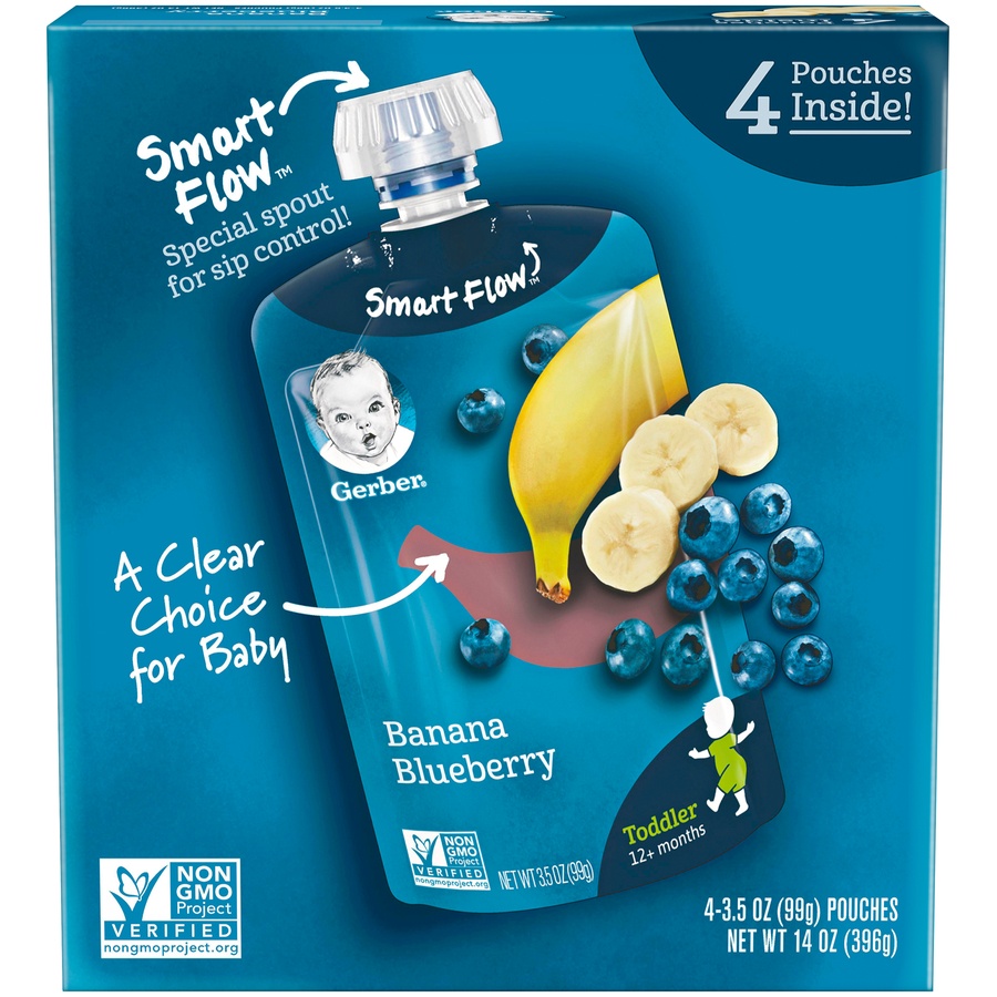 slide 1 of 1, Gerber Toddler Fruit Squeezable Puree, Banana Blueberry, 4 ct; 3.5 oz