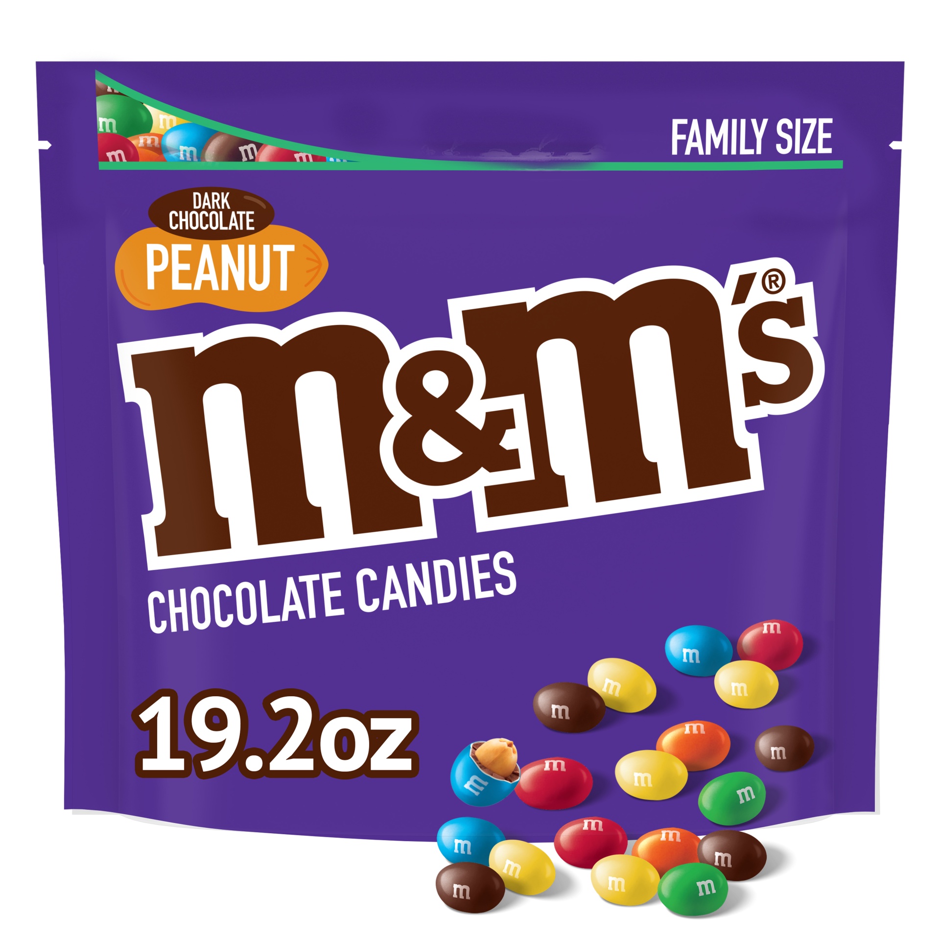 slide 1 of 7, M&M'S Peanut Dark Chocolate Candy Family Size, 19.2 oz