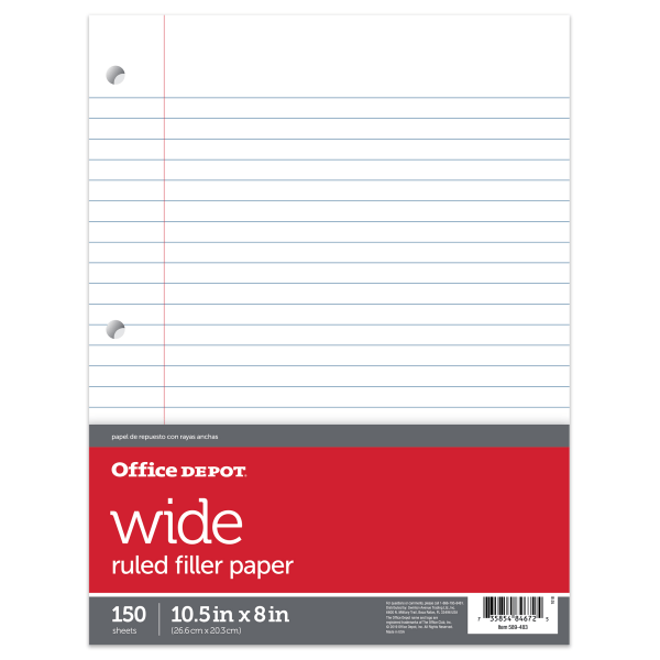 slide 1 of 2, Office Depot Brand Notebook Filler Paper, Wide-Ruled, 8'' X 10 1/2'', 3-Hole Punched, White, Pack Of 150 Sheets, 150 ct