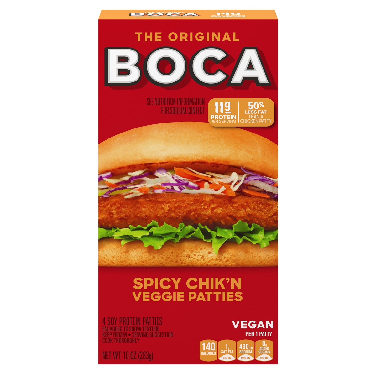 slide 1 of 9, BOCA Spicy Vegan Chik'n Veggie Patties, 4 ct Box, 4 ct