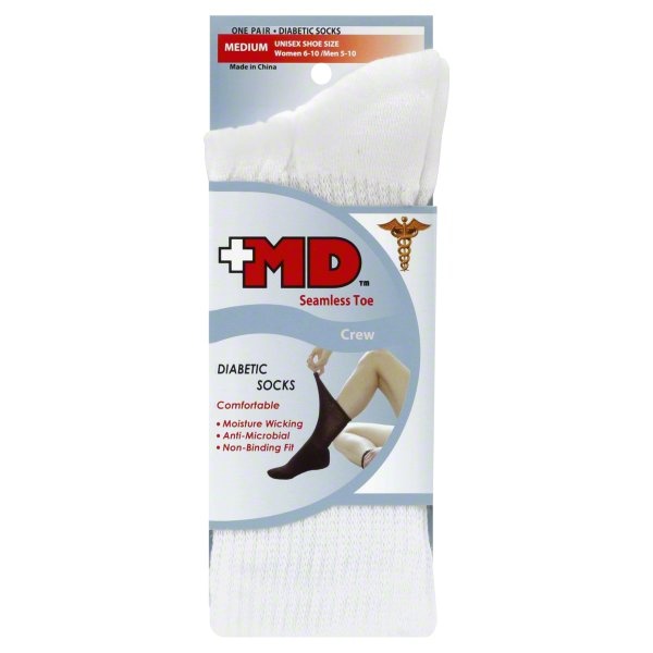 slide 1 of 1, +Md Seamless Toe Diabetic Crew Socks White Medium, 1 ct