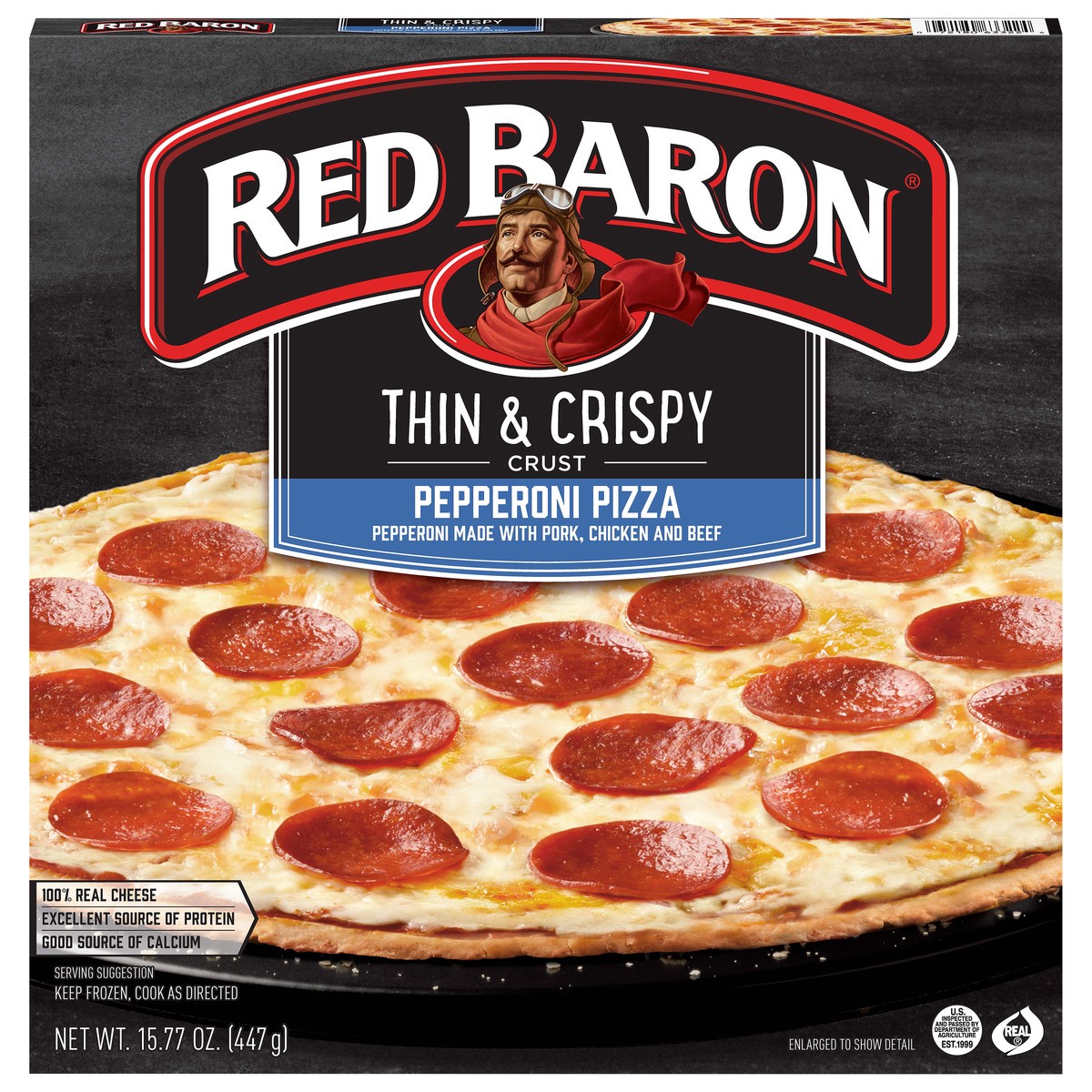 slide 1 of 5, Red Baron Pepperoni Thin Crust Frozen Pizza, 15.78 oz