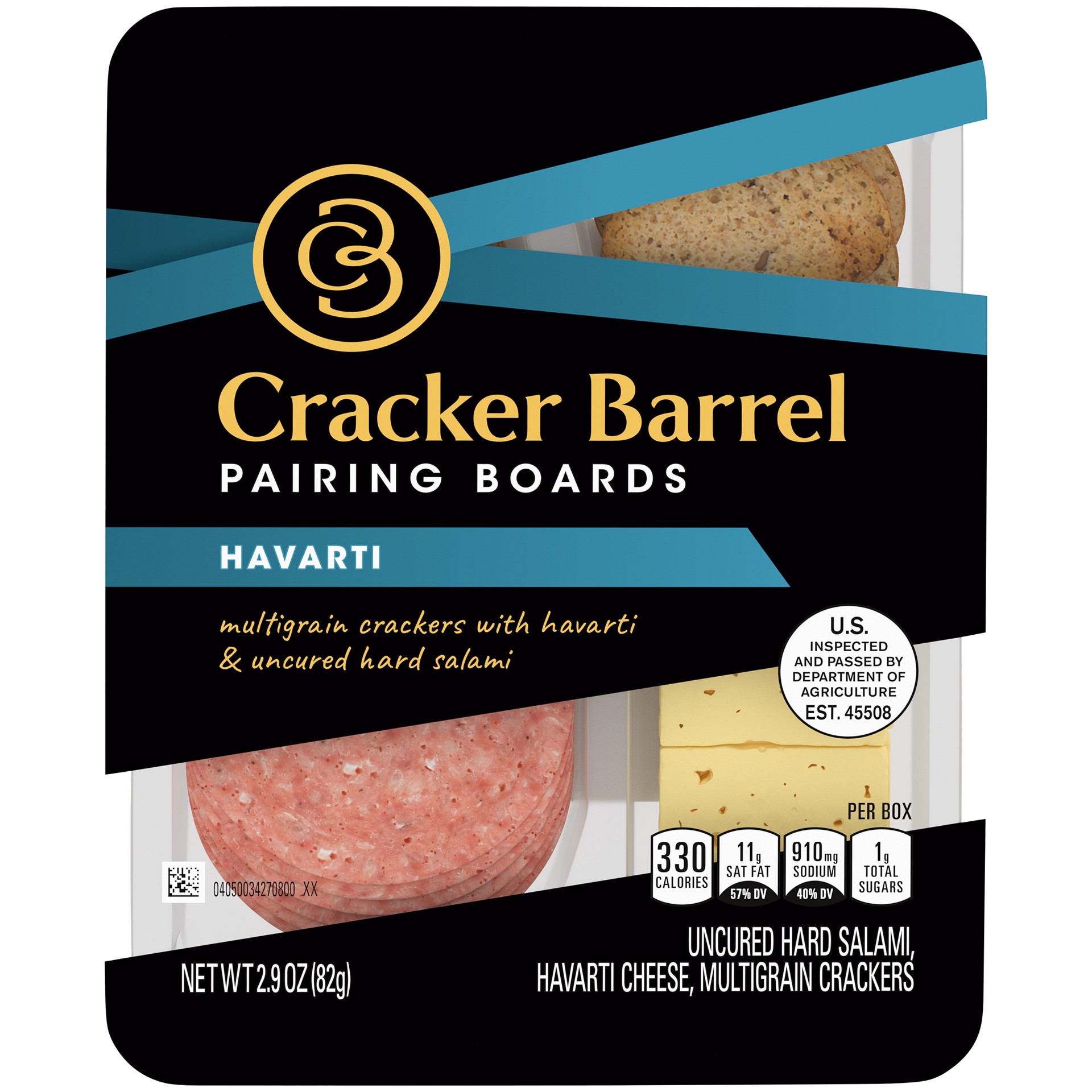 slide 1 of 11, Cracker Barrel Pairing Boards with Havarti Cheese, Uncured Hard Salami & Multigrain Crackers, 2.9 oz Tray, 