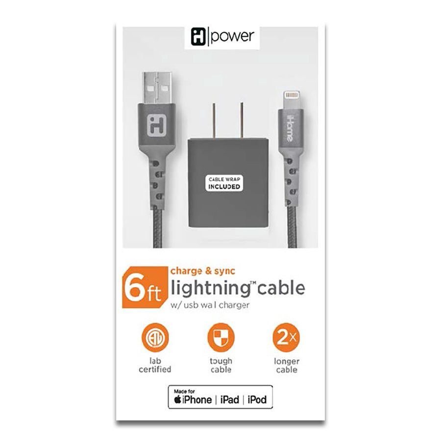slide 1 of 1, iHome Black USB Wall Charger & 6' Lightning Cable Set, 6 ft
