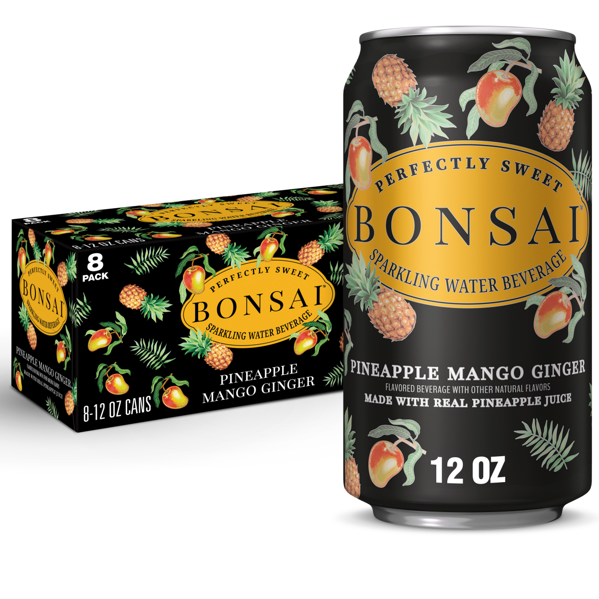 slide 1 of 25, BONSAI™ sparkling beverage Bonsai Mango Pineapple Ginger Sweetened Sparkling Water, 12 fl oz cans, 8 pack, 8 ct