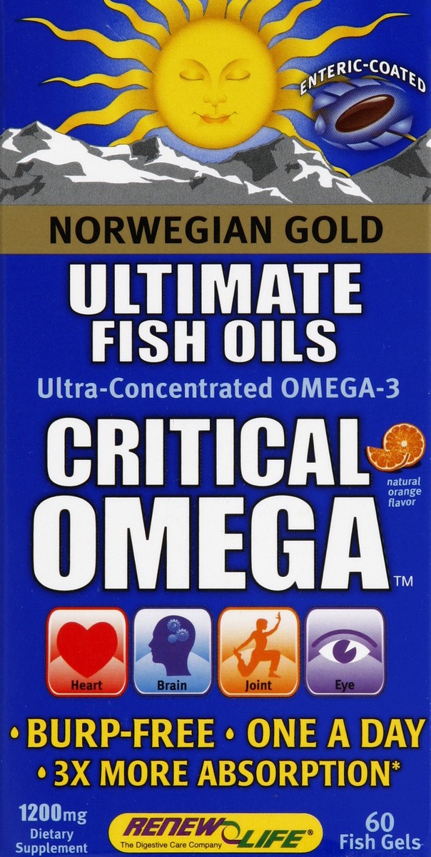 slide 2 of 4, Renew Life Norwegian Gold Adult Fish Oil, Critical Omega, Omega-3 Fish Oil Supplement, 850 mg Omega-3 per Softgel, Purity Certified, Gluten and Dairy Free, 60 Burp-Free Softgels, 60 ct