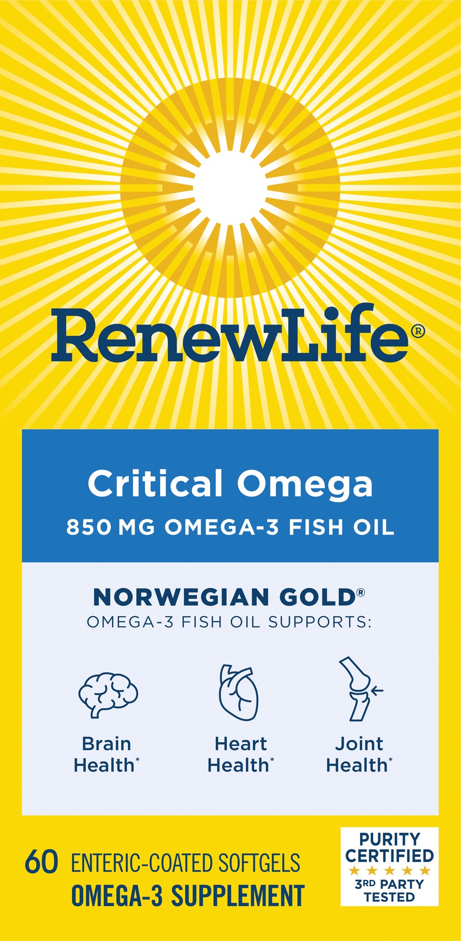 slide 1 of 4, Renew Life Norwegian Gold Adult Fish Oil, Critical Omega, Omega-3 Fish Oil Supplement, 850 mg Omega-3 per Softgel, Purity Certified, Gluten and Dairy Free, 60 Burp-Free Softgels, 60 ct