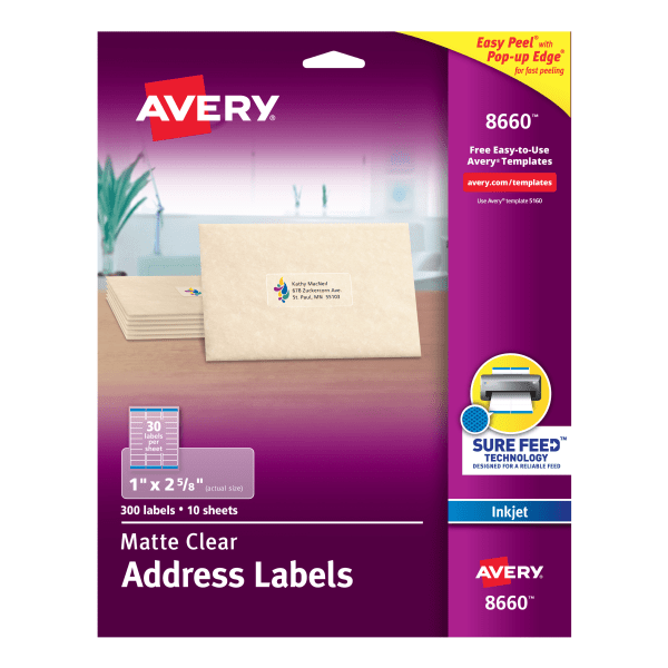 slide 1 of 9, Avery 08660, Clear Easy Peel Mailing Labels, 1 x 2 5/8, 750 ct