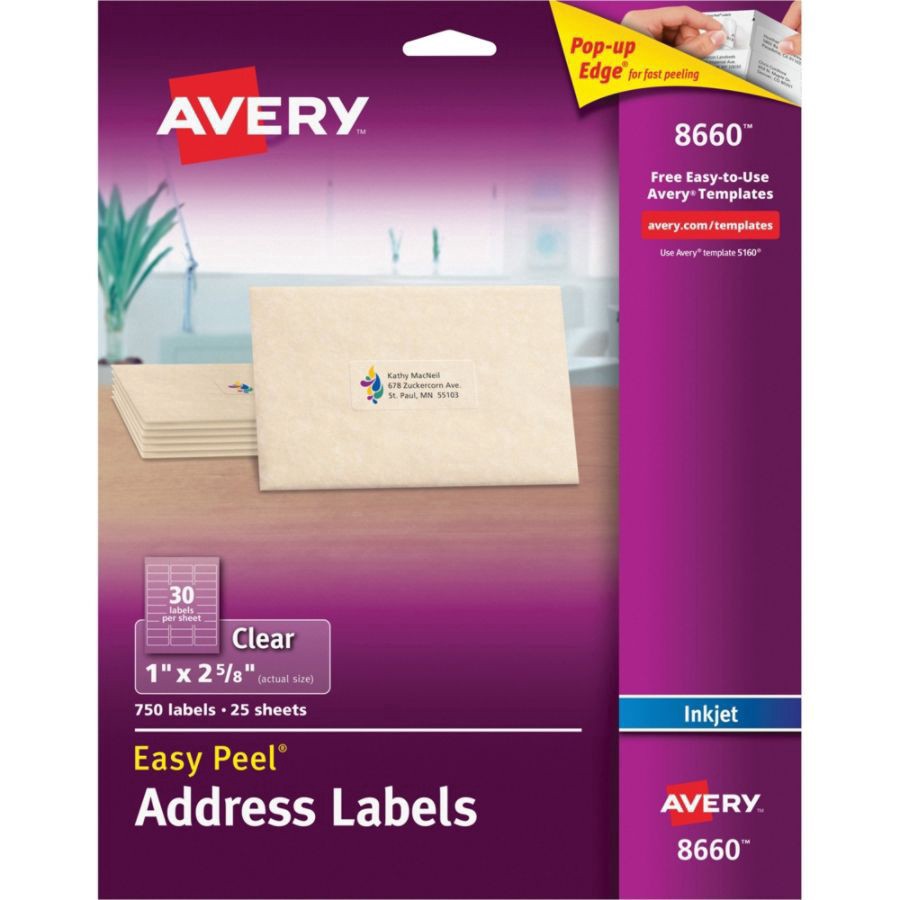 slide 9 of 9, Avery 08660, Clear Easy Peel Mailing Labels, 1 x 2 5/8, 750 ct