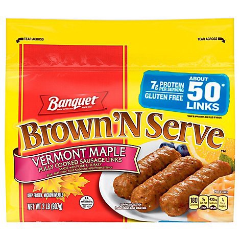 slide 1 of 1, Banquet Brown 'n Serve Vermont Maple Fully Cooked Sausage Links, Frozen Meat, 32 Oz - 32 OZ, 32 oz