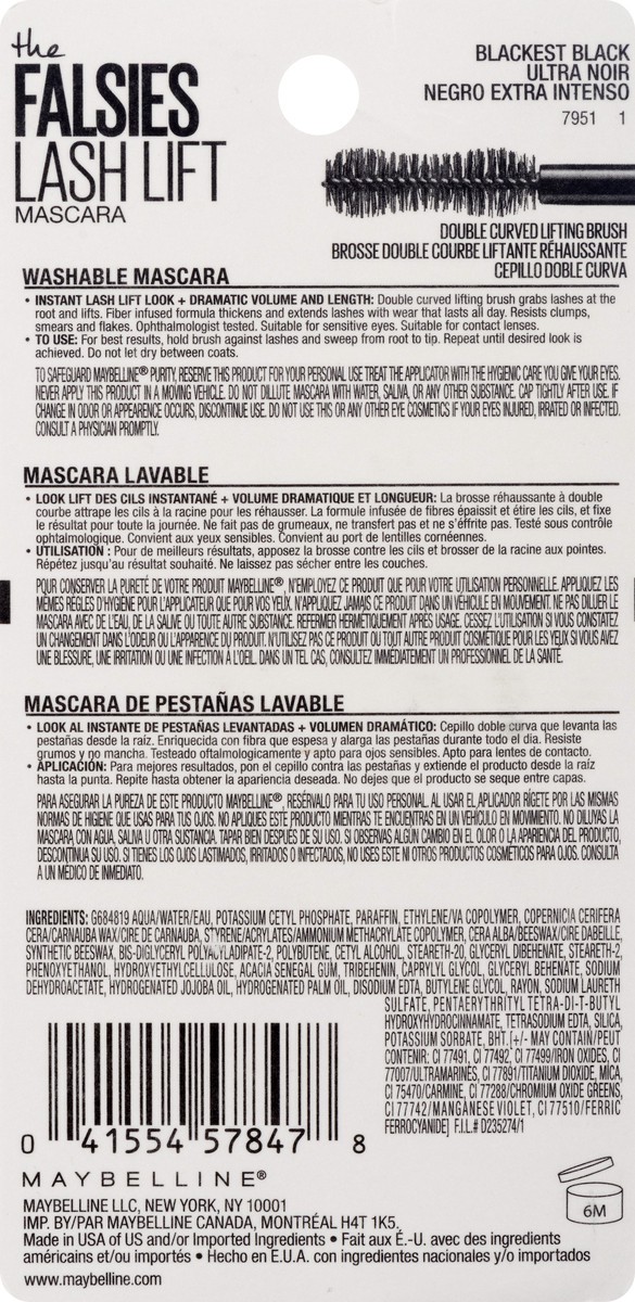 slide 5 of 9, Maybelline Falsies Lash Lift Volumizing and Lengthening Mascara - Washable Blackest Black - 0.32 fl oz, 0.32 fl oz