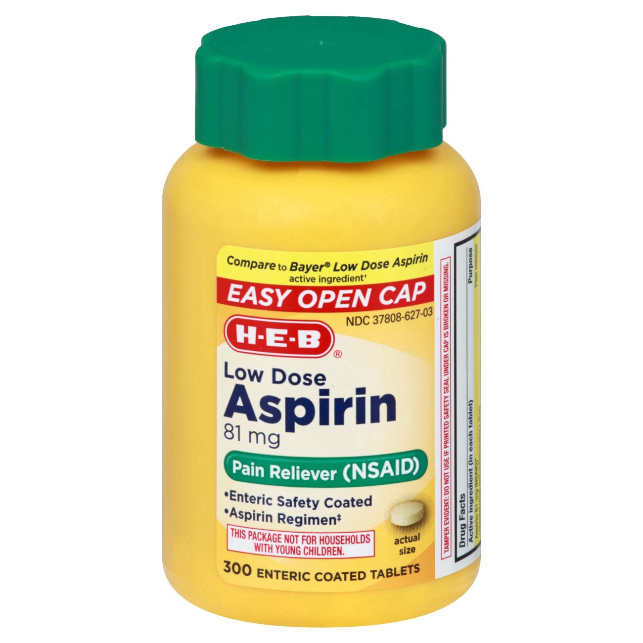 slide 1 of 1, H-E-B Aspirin Low Dose 81 mg Enteric Coated Tablets (Easy Open Cap), 300 ct