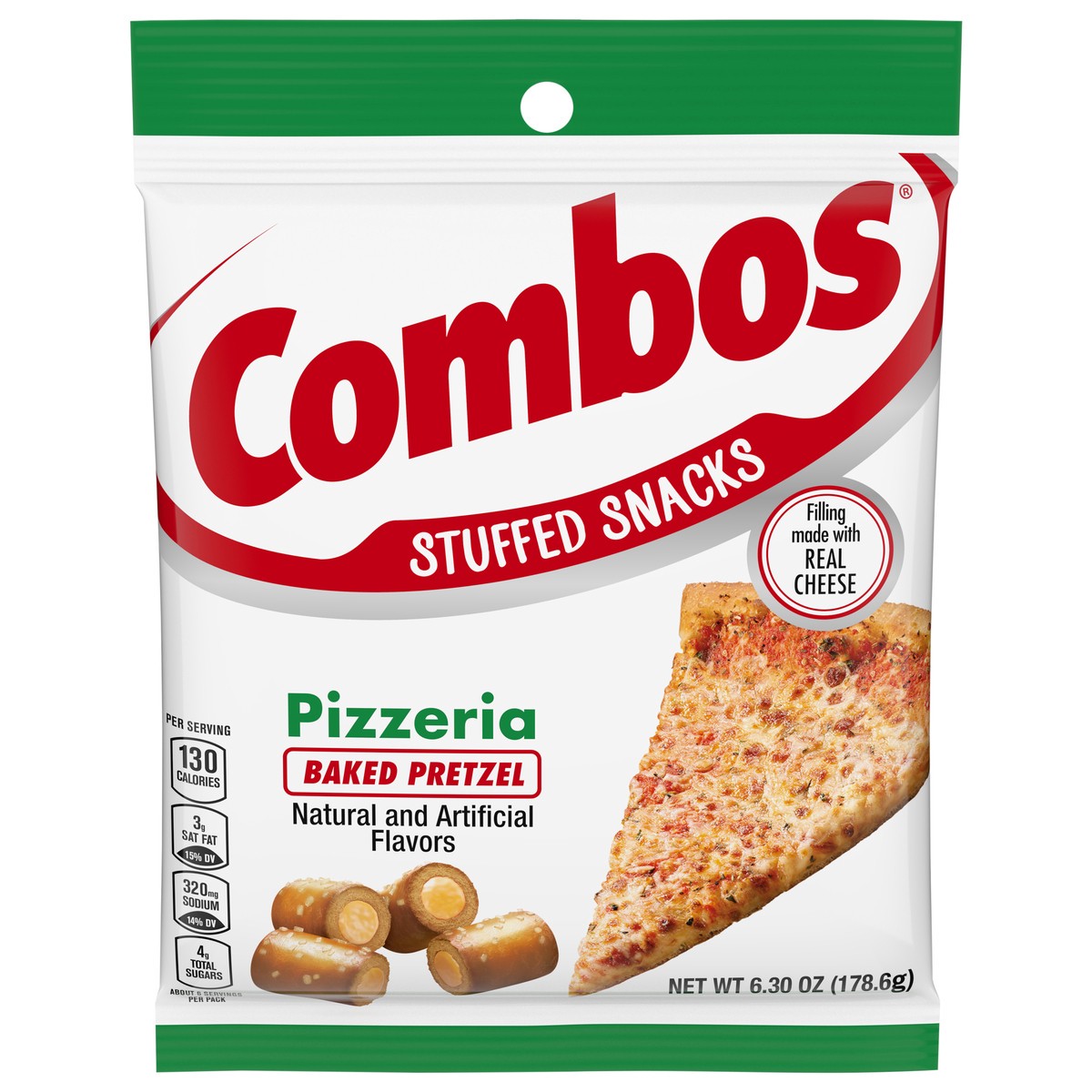 slide 1 of 8, COMBOS Stuffed Snacks Pizzeria Baked Pretzel Snacks, 6.3 oz Bag, 6.3 oz