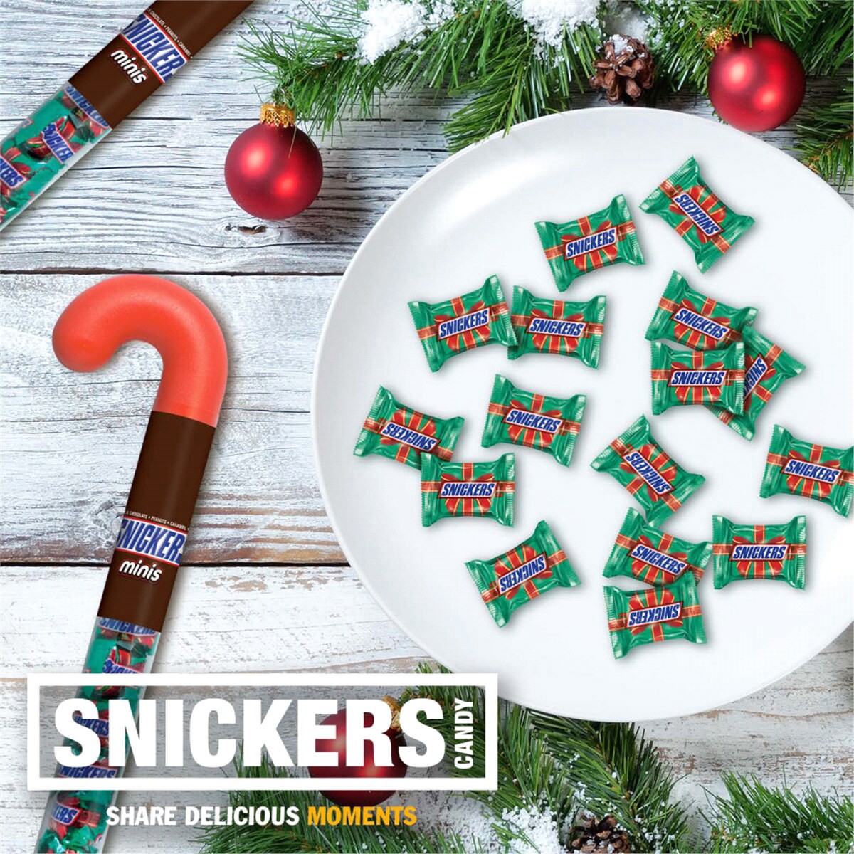 slide 2 of 4, SNICKERS Minis Chocolate Christmas Candy Cane, 2.14 oz Tube, 2.14 oz