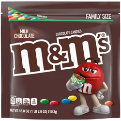 M&M'S Milk Chocolate Candy, Family Size, 18 oz Resealable Bulk Candy Bag