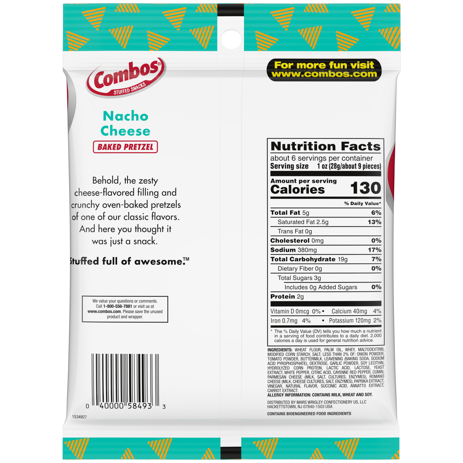 slide 2 of 2, COMBOS Stuffed Snacks Nacho Cheese Baked Pretzel Snacks - 6.3 oz Bag, 6.3 oz